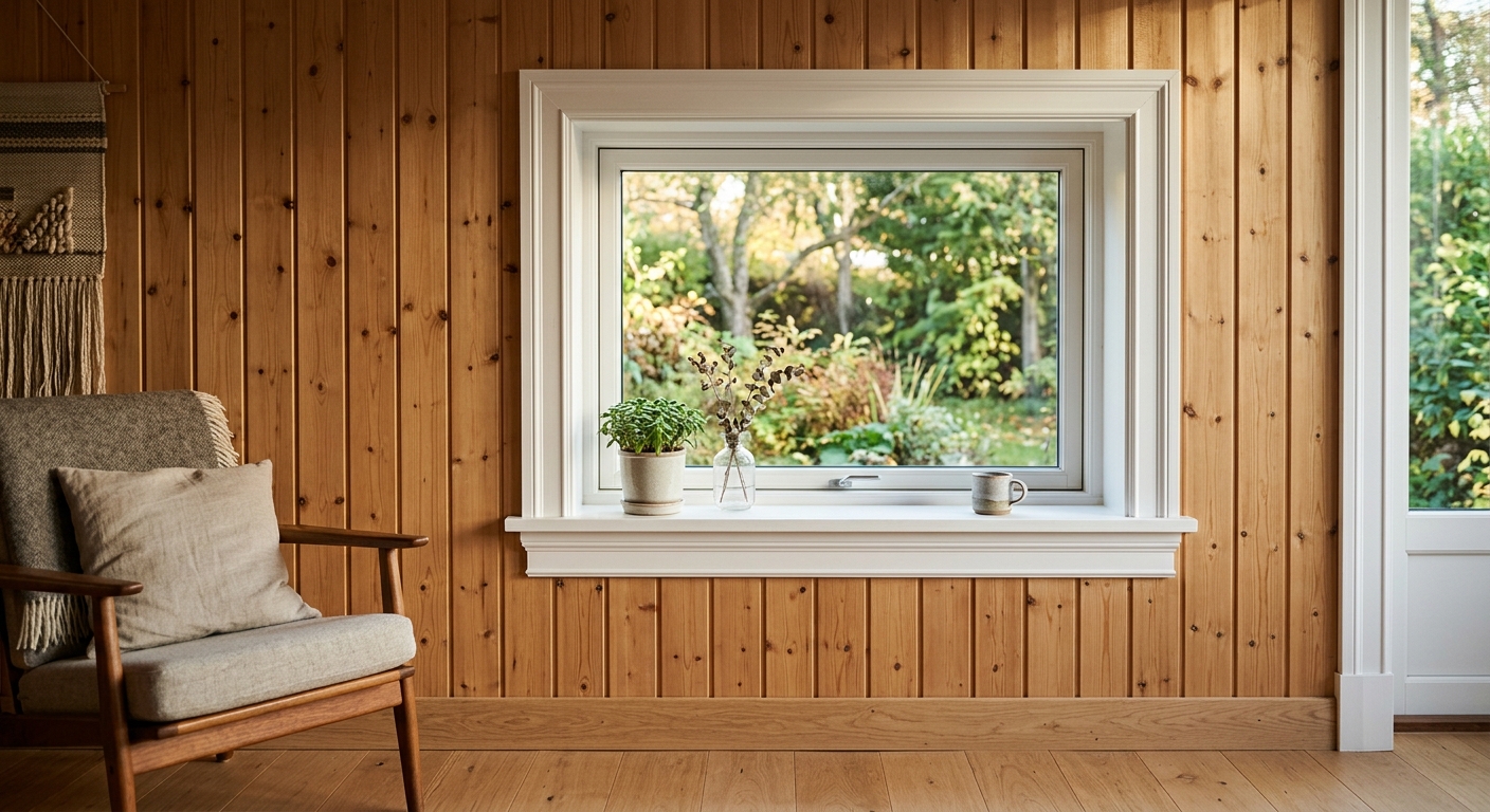 Färdigmonterad träpanel med noggrant utförda lister runt ett fönster