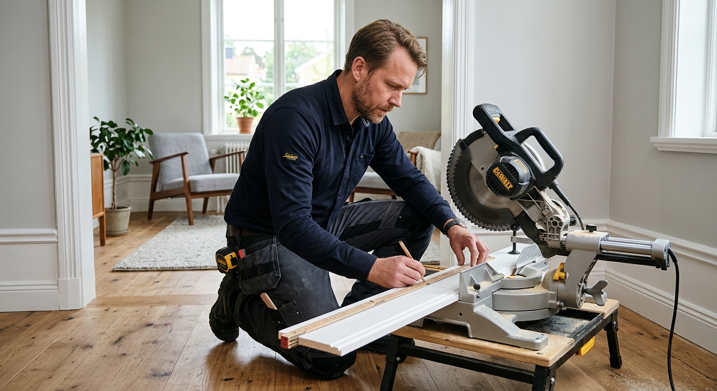 Snickare som mäter och kapar vit golvlist i ett rum med trägolv