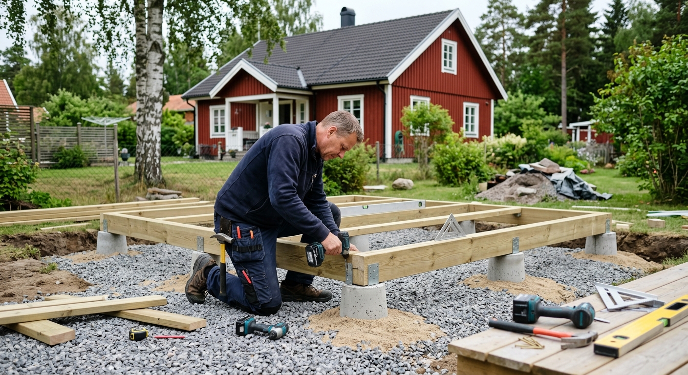 Snickare som förbereder grund för ett mindre träförråd på en villatomt