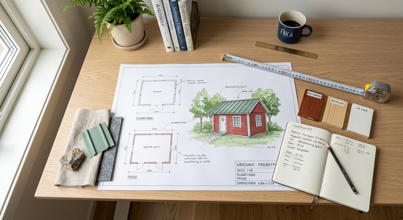 Ritning, måttband och träprover på ett skrivbord inför planering av förråd