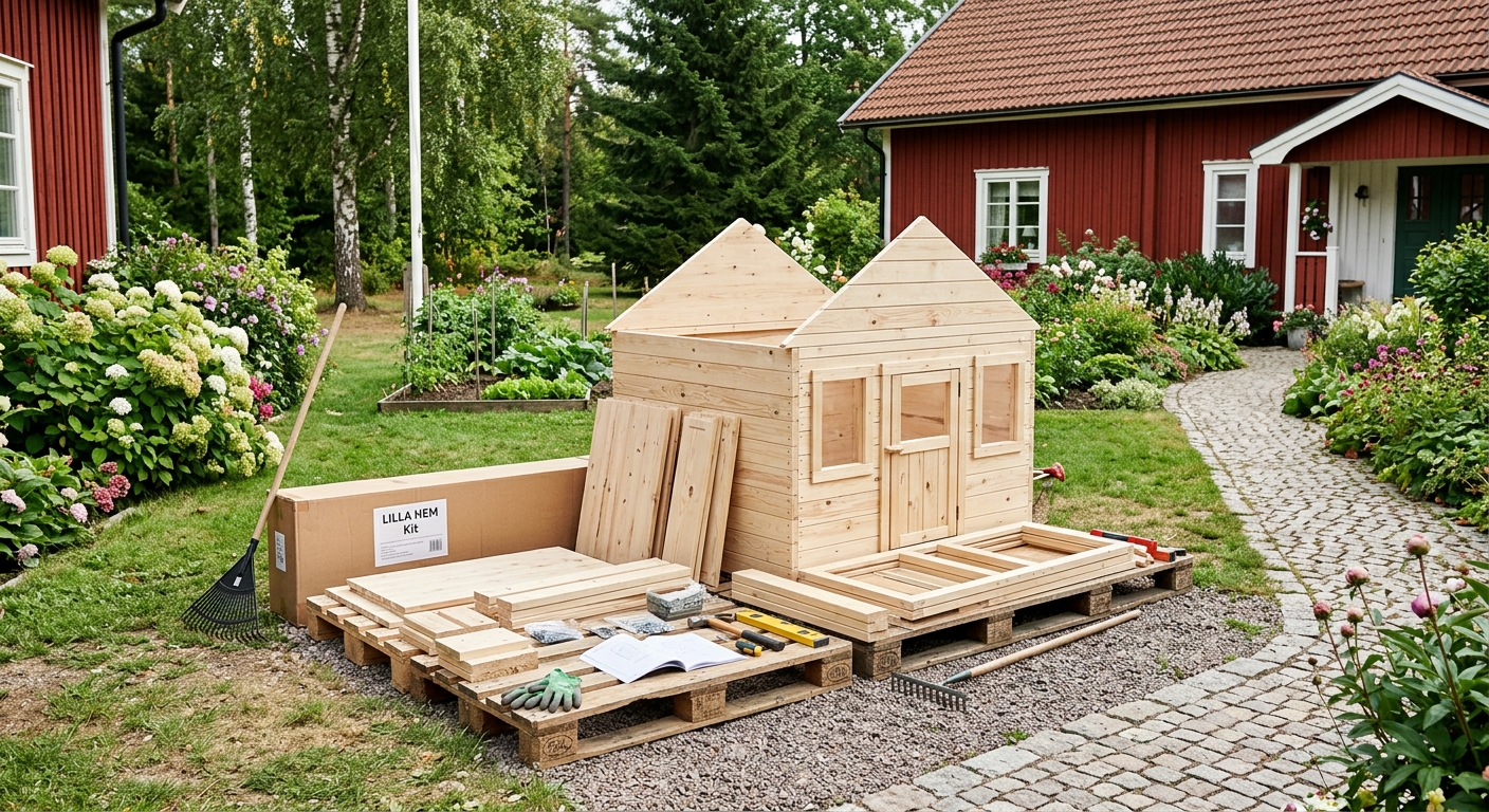 Kompakt lekstuga i färdig byggsats med sadeltak