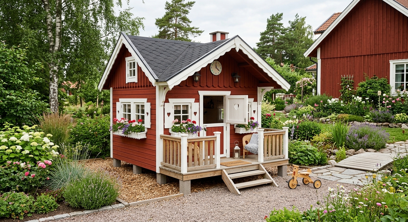 Måttanpassad lekstuga med veranda och målade detaljer