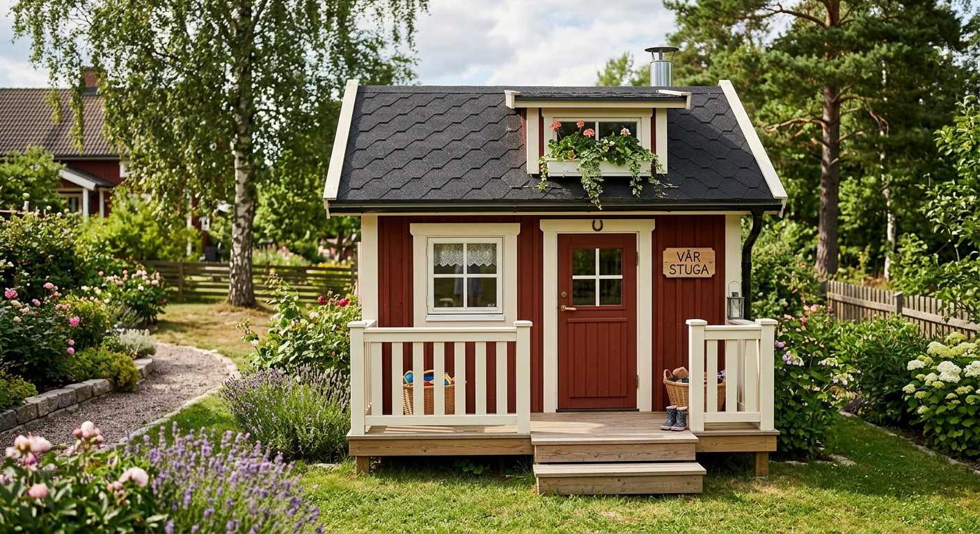 Färdigmålad trälekstuga med säkert tak, dörr och veranda i svensk trädgård