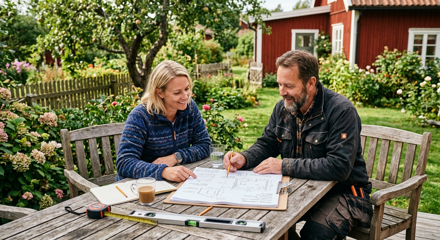 Husägare och snickare går igenom ritning och mått för en lekstuga vid ett trädgårdsbord