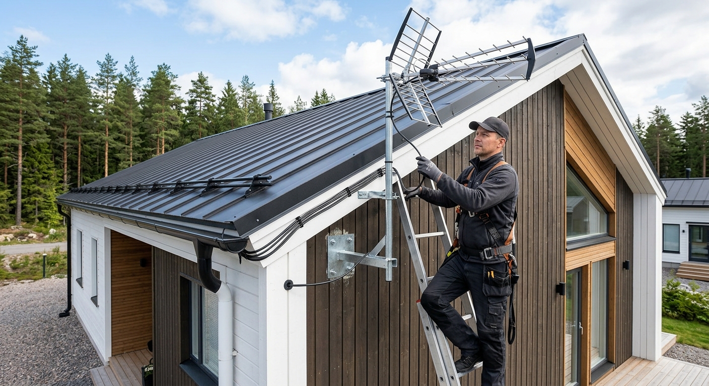 Färdigmonterad TV-antenn med prydlig kabeldragning på villa