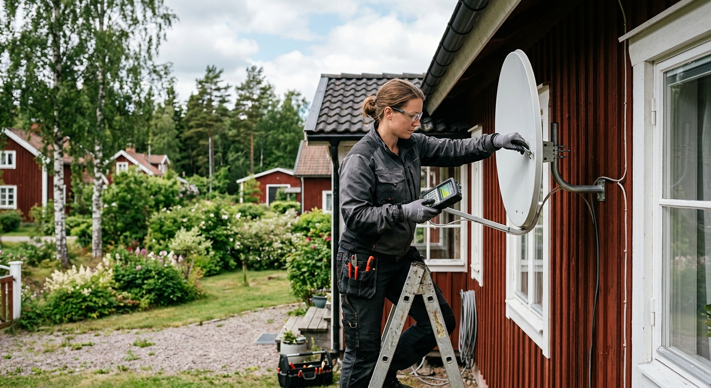 Paraboltekniker finjusterar satellitsignal med mätinstrument