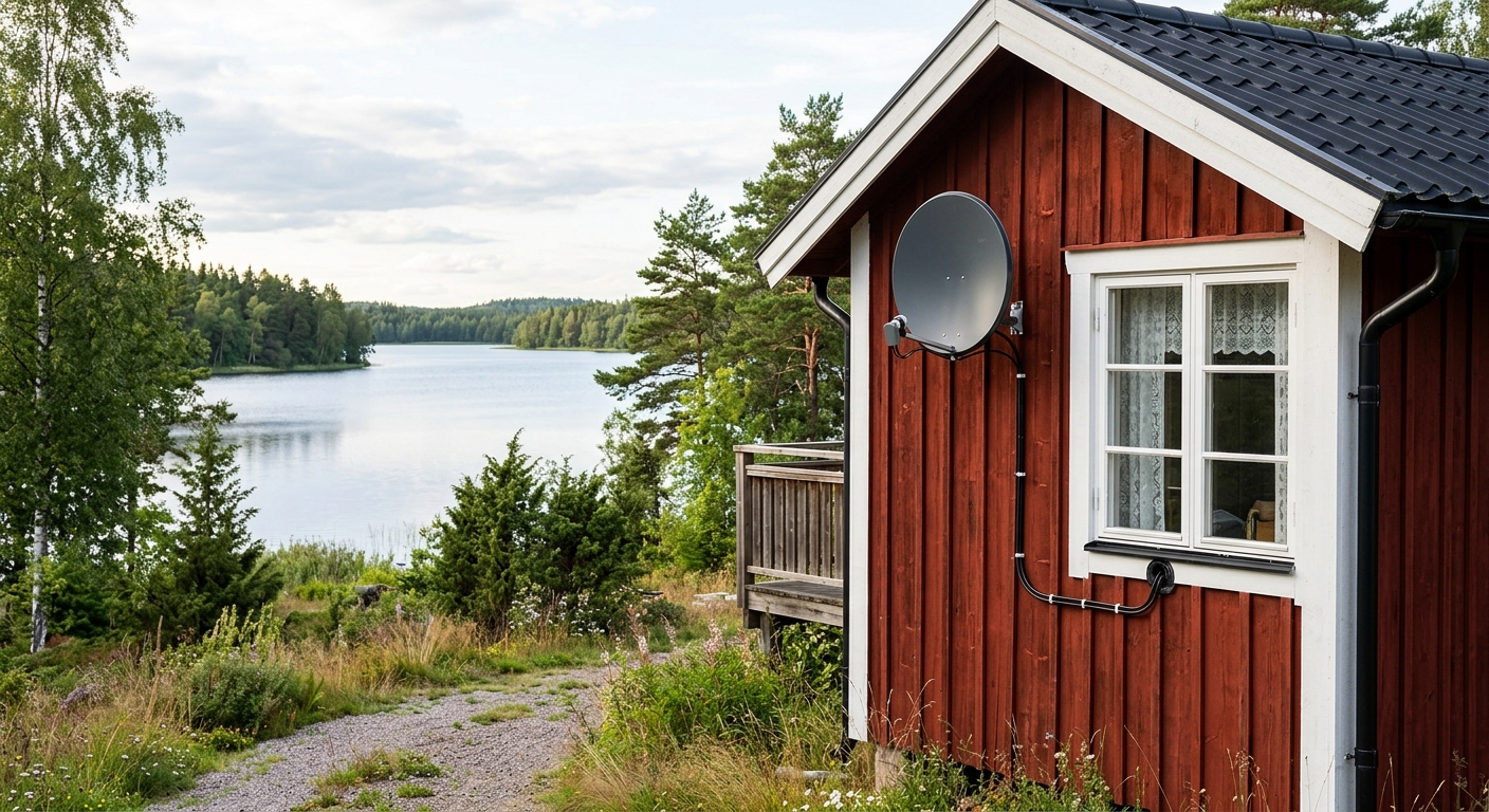 Monterad parabol på fasad vid ett svenskt fritidshus