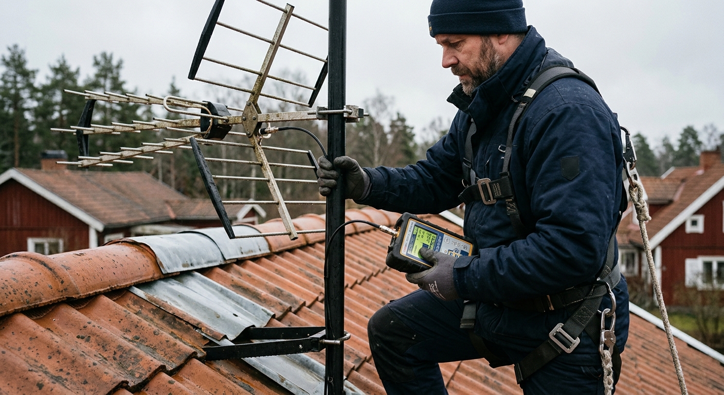 TV-antenn på tak medan signalen kontrolleras
