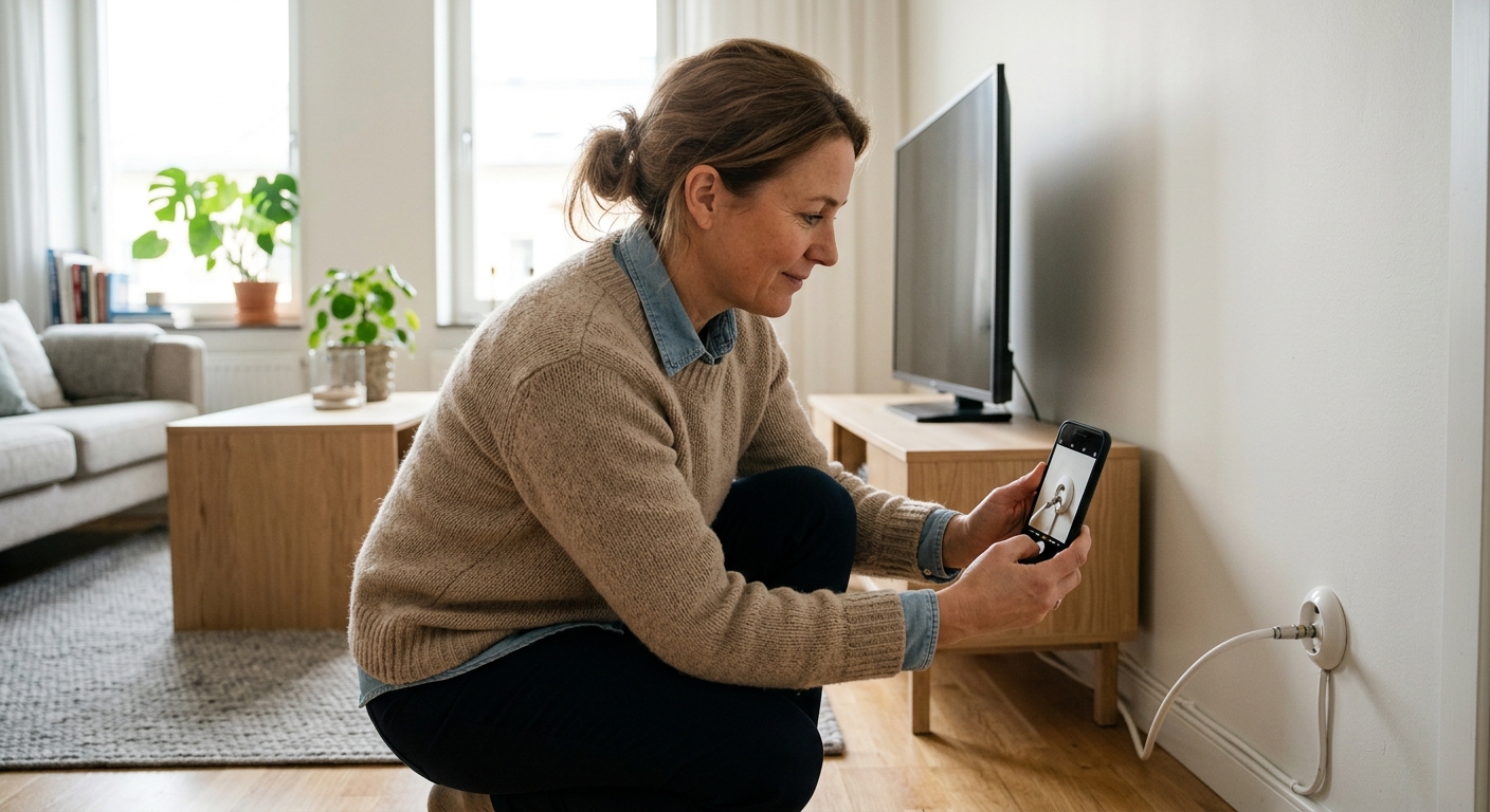 Husägare fotograferar antennkabel och TV-uttag inför offertförfrågan