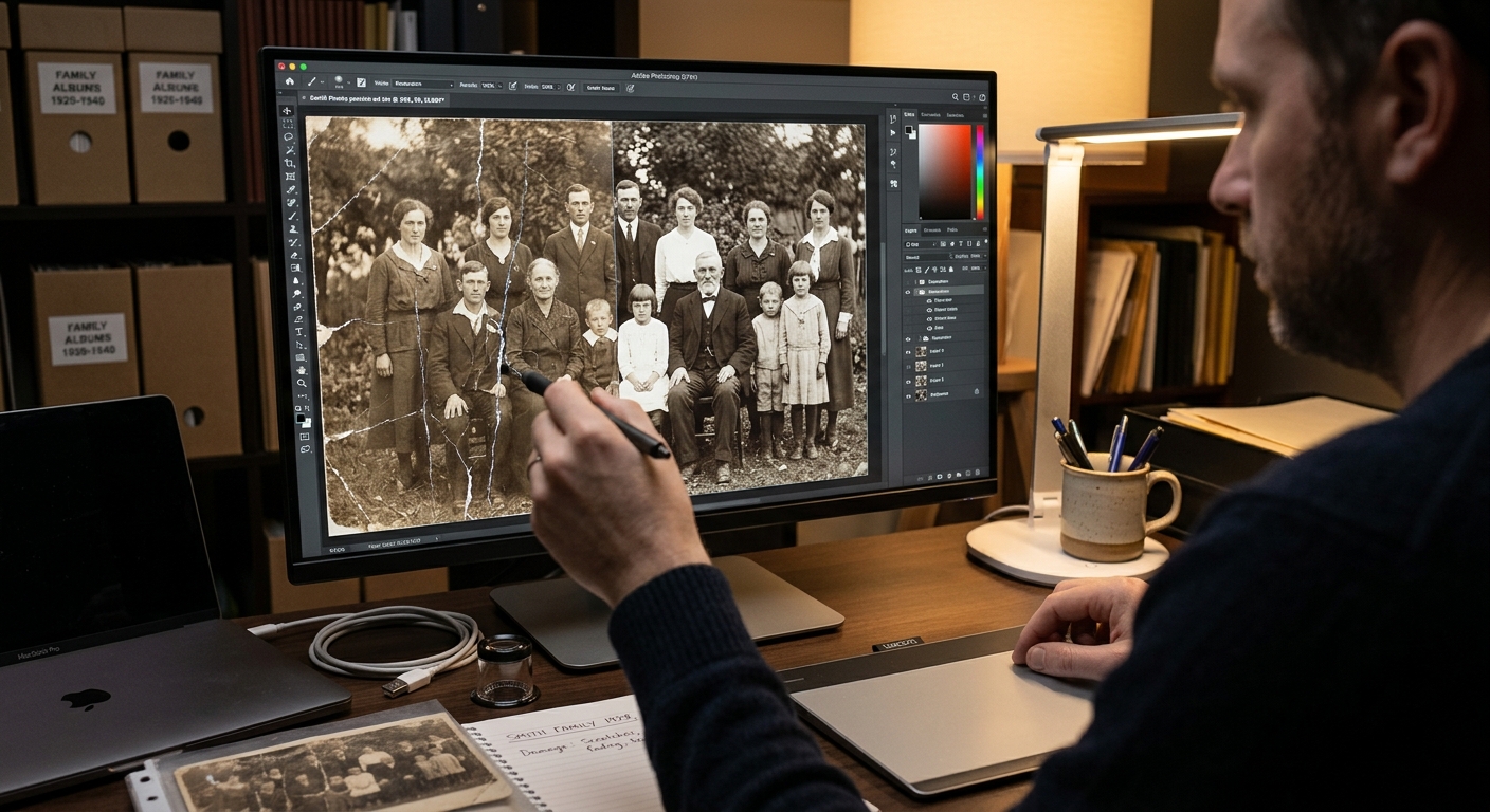 Gammalt familjefoto som restaureras digitalt
