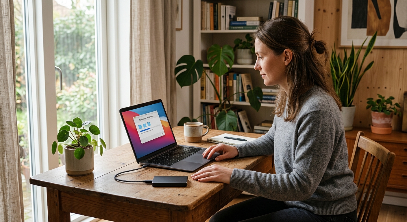 Person säkerhetskopierar filer från en laptop till extern hårddisk