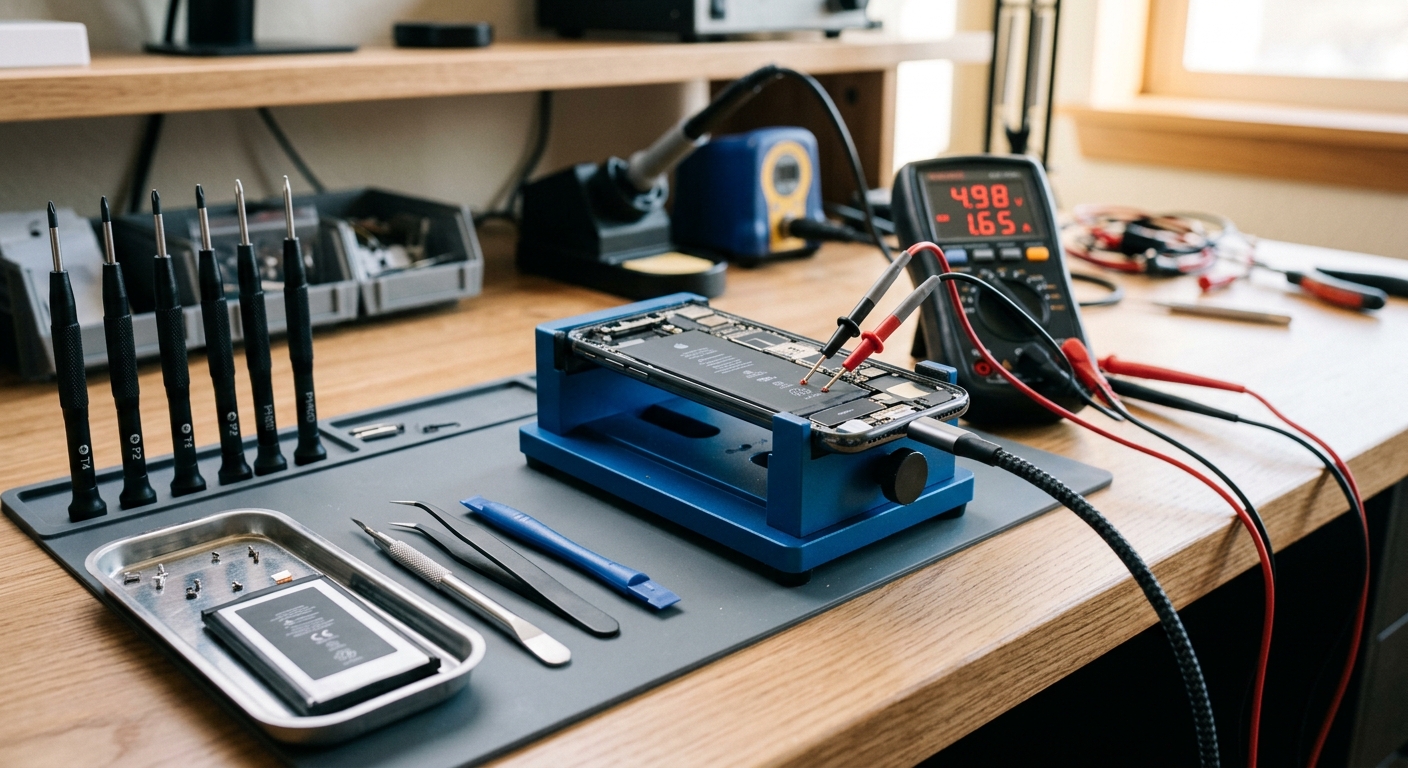 Mobiltelefon, laddkabel och precisionsverktyg vid diagnos av batteri och laddkontakt