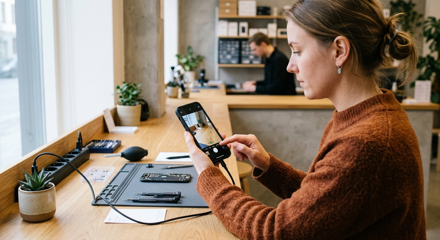 Person testar skärm, kamera och laddning på en nyligen reparerad mobiltelefon