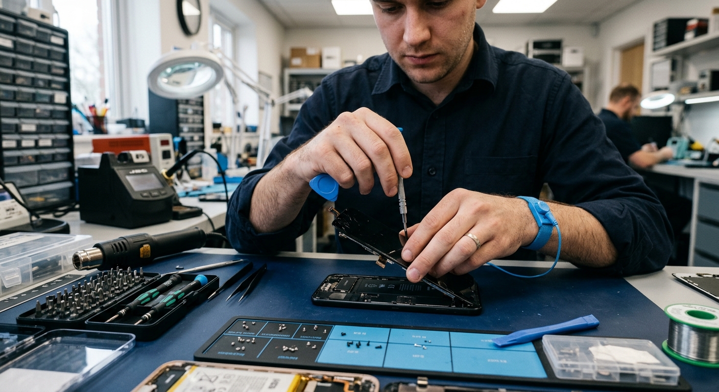 Tekniker som utför ett noggrant skärmbyte på iPhone