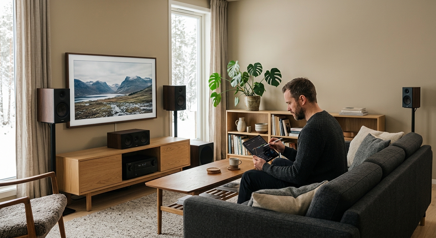 Surroundhögtalare i ett vardagsrum med sittplats och TV