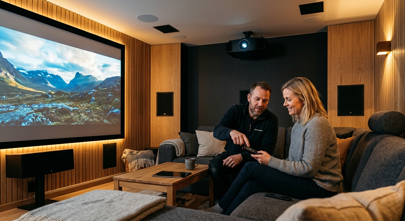 Installatör och kund testar bild och surroundljud i en färdig hemmabio