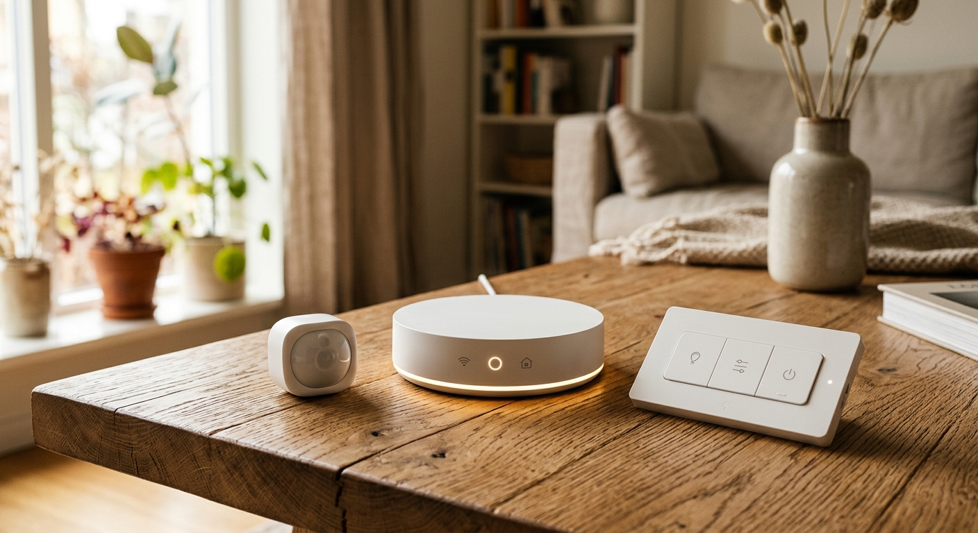 Smarta hem-enheter med hubb, sensor och smart belysning på ett bord