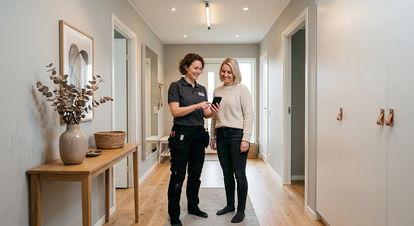 Installatör och kund testar smart belysning med mobiltelefon i hall