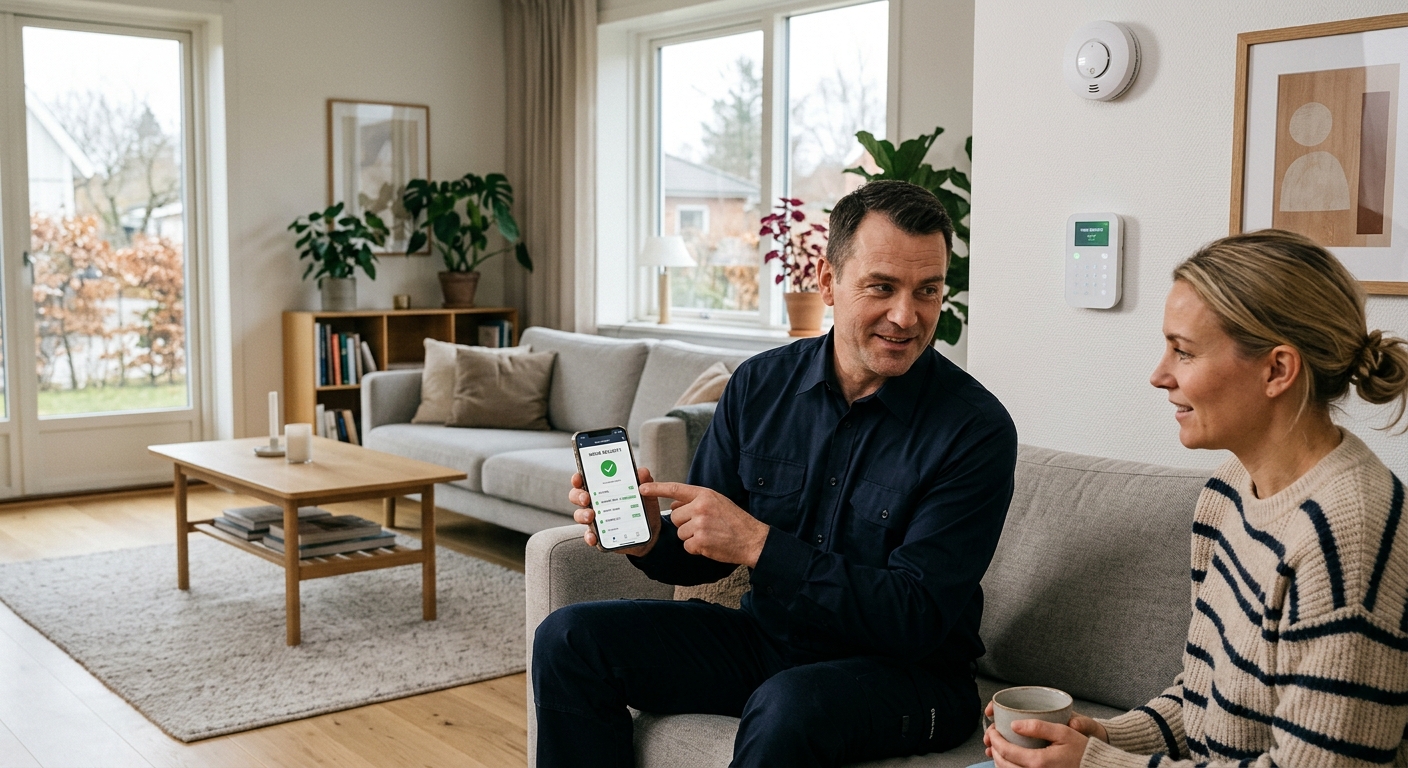 Larmtekniker visar en husägare hur ett hemlarm testas i en mobilapp