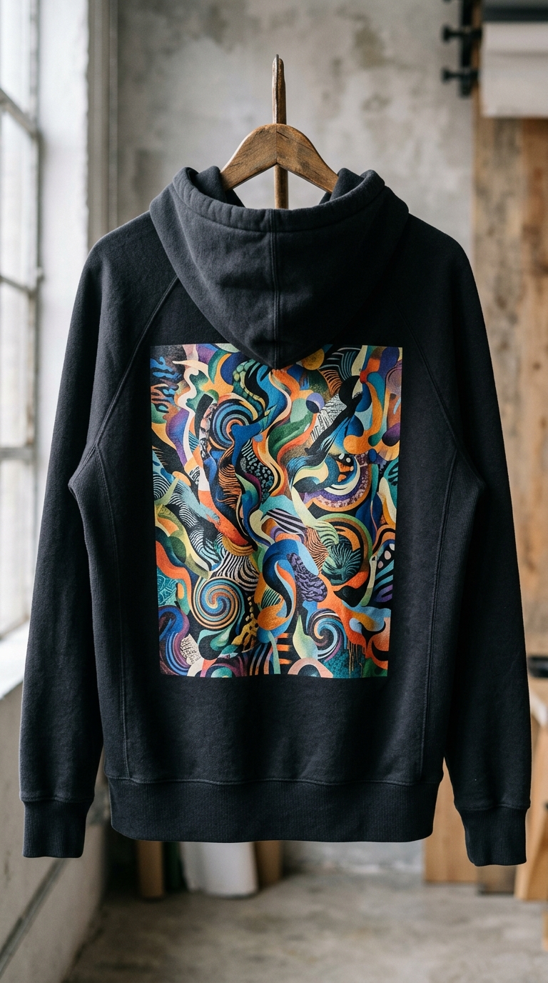 Hoodie med flerfärgat digitalt motiv på ryggen