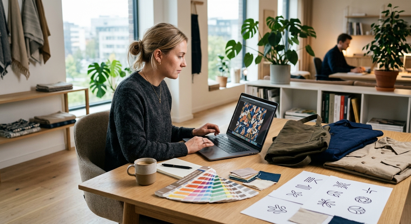 Person granskar digitalt korrektur för logotyp på arbetskläder