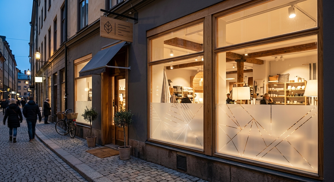 Butiksfönster med frostad dekor och diskret grafiskt mönster