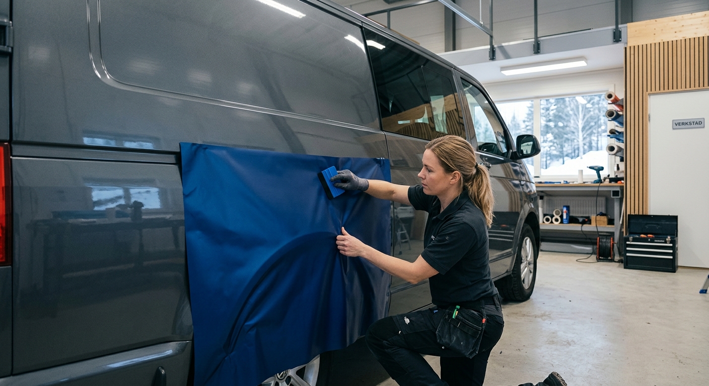 Montör applicerar vinylfolie på sidopanelen av en skåpbil i ren verkstadsmiljö