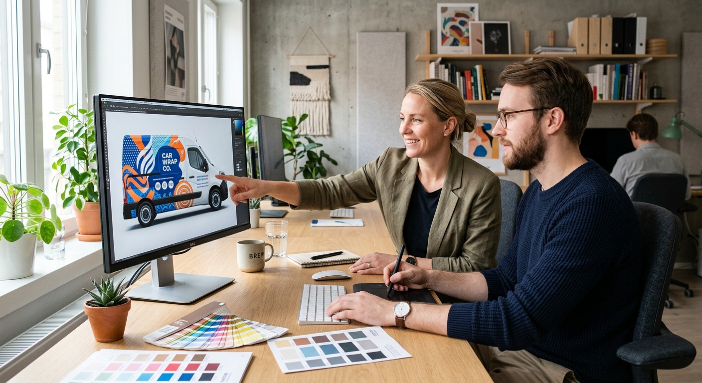 Företagare och grafisk designer granskar ett digitalt designförslag för fordonsdekor på en datorskärm