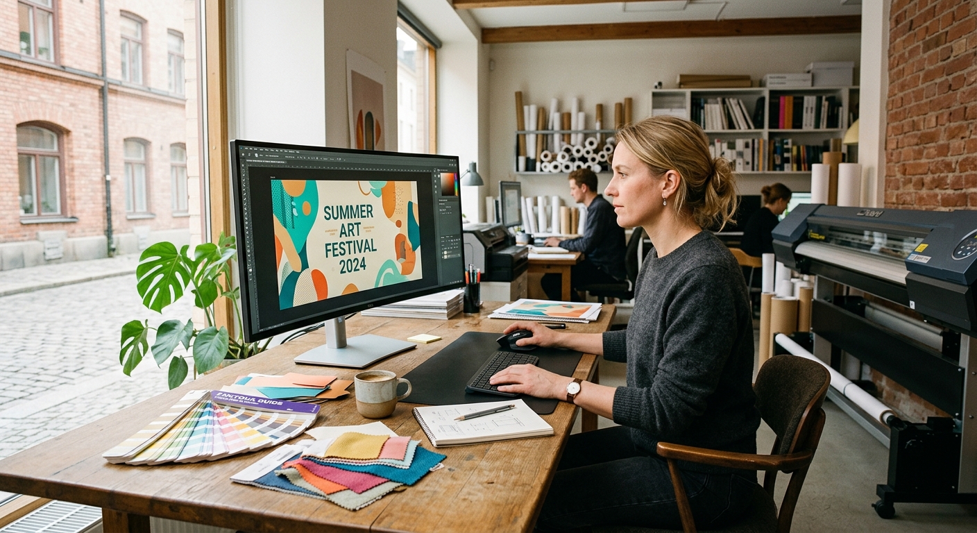 Grafisk designer granskar storformatoriginal på en stor bildskärm