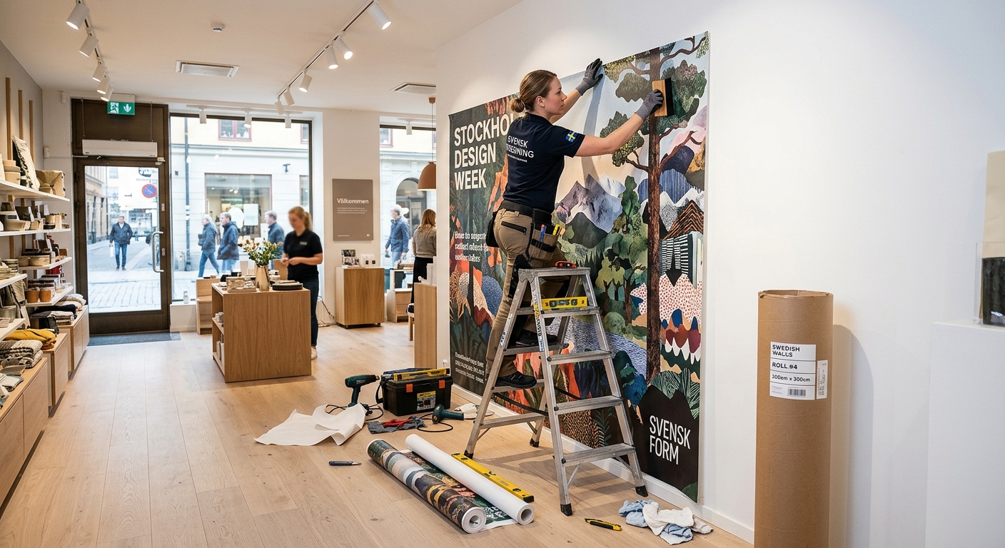 Montör sätter upp stor tryckt skylt i en butiksmiljö