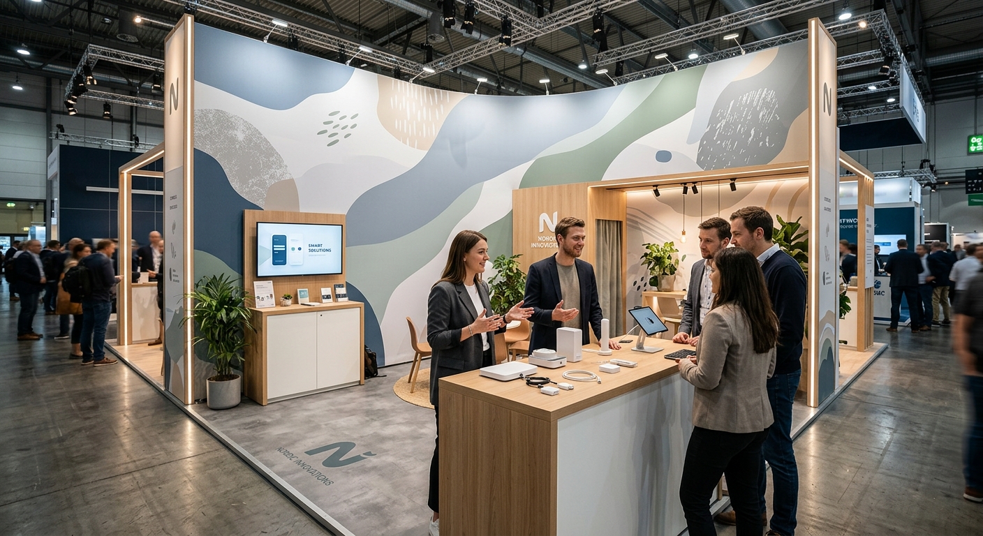 Stor textil mässvägg bakom en produktdemonstration