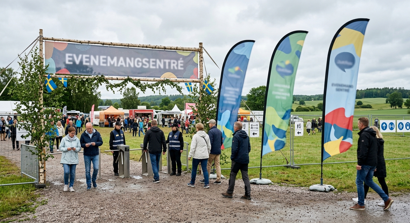 Beachflaggor utanför en evententré