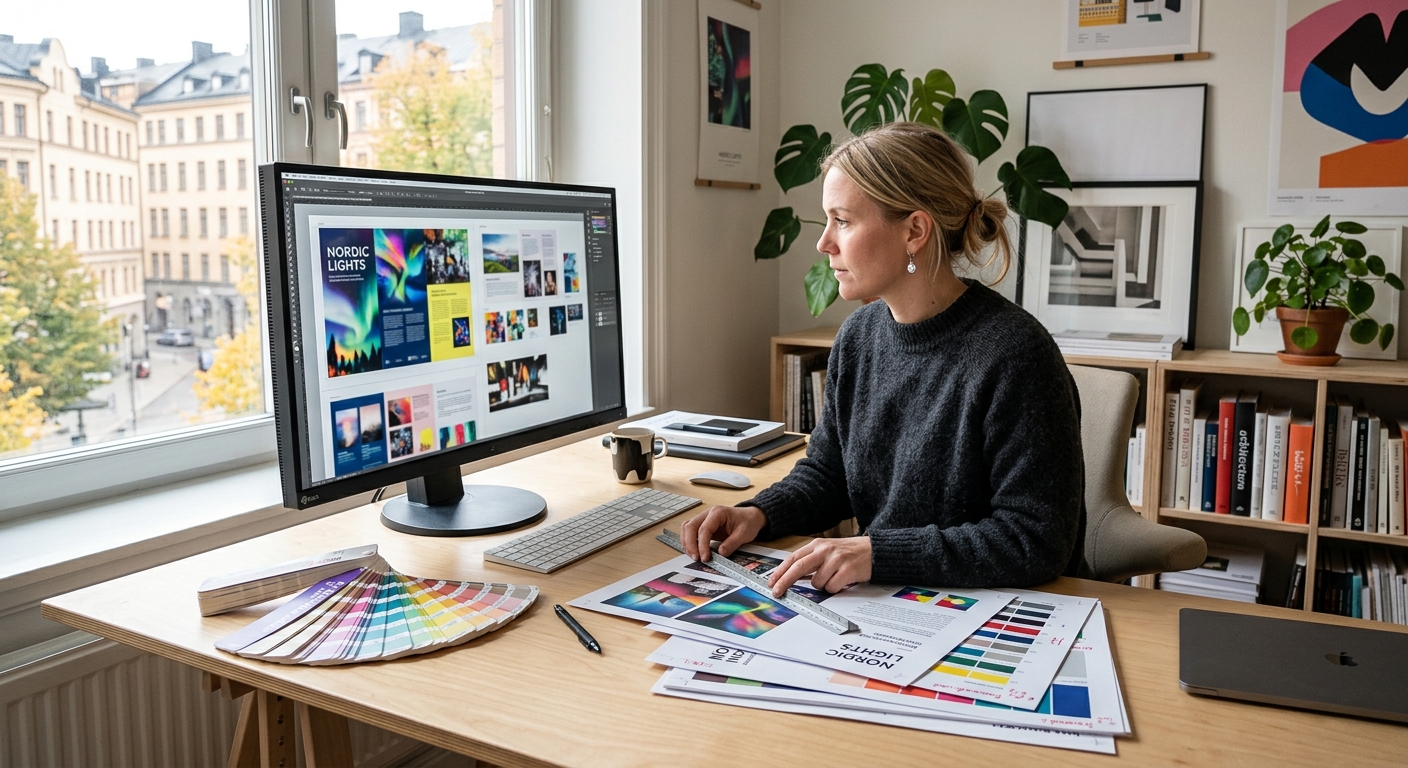 Grafisk designer granskar original till mässmaterial på datorskärm
