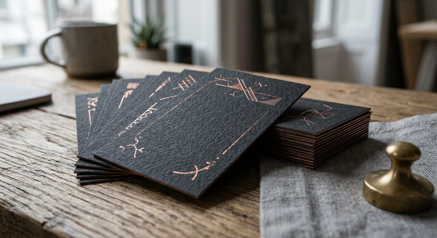 Mörka texturerade visitkort med diskret metallisk detalj