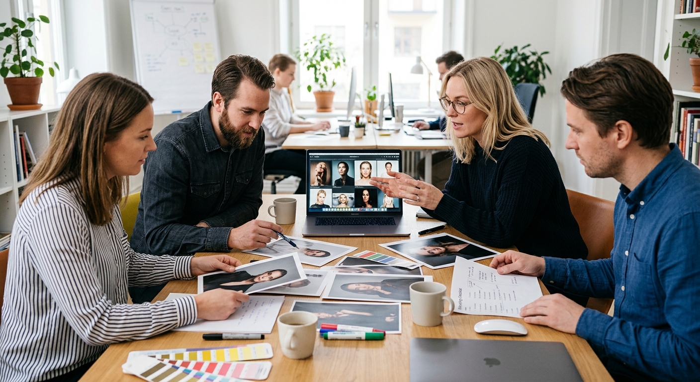 Kreativt team granskar bildkorrektur på laptop och utskrivna provbilder