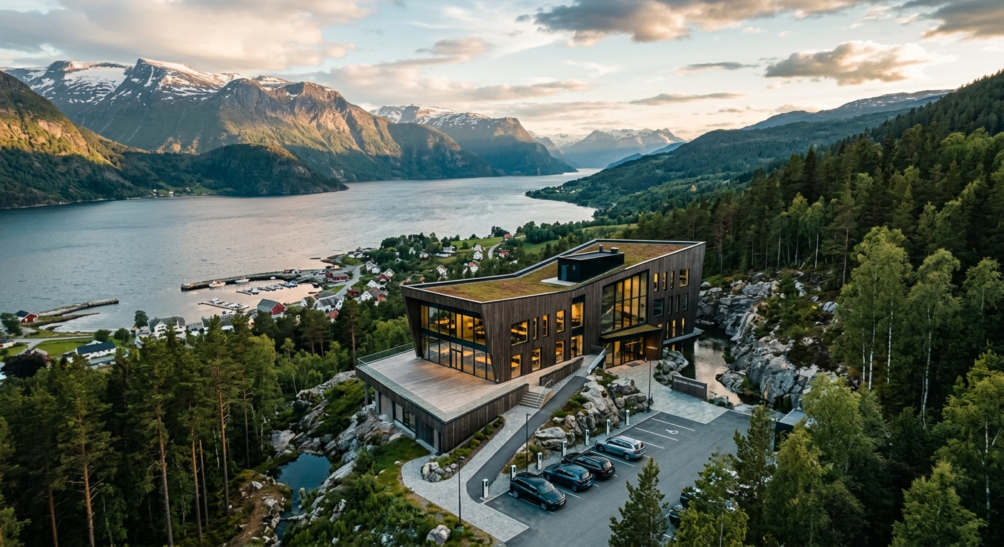 Drönarfilm över byggnad och omgivning