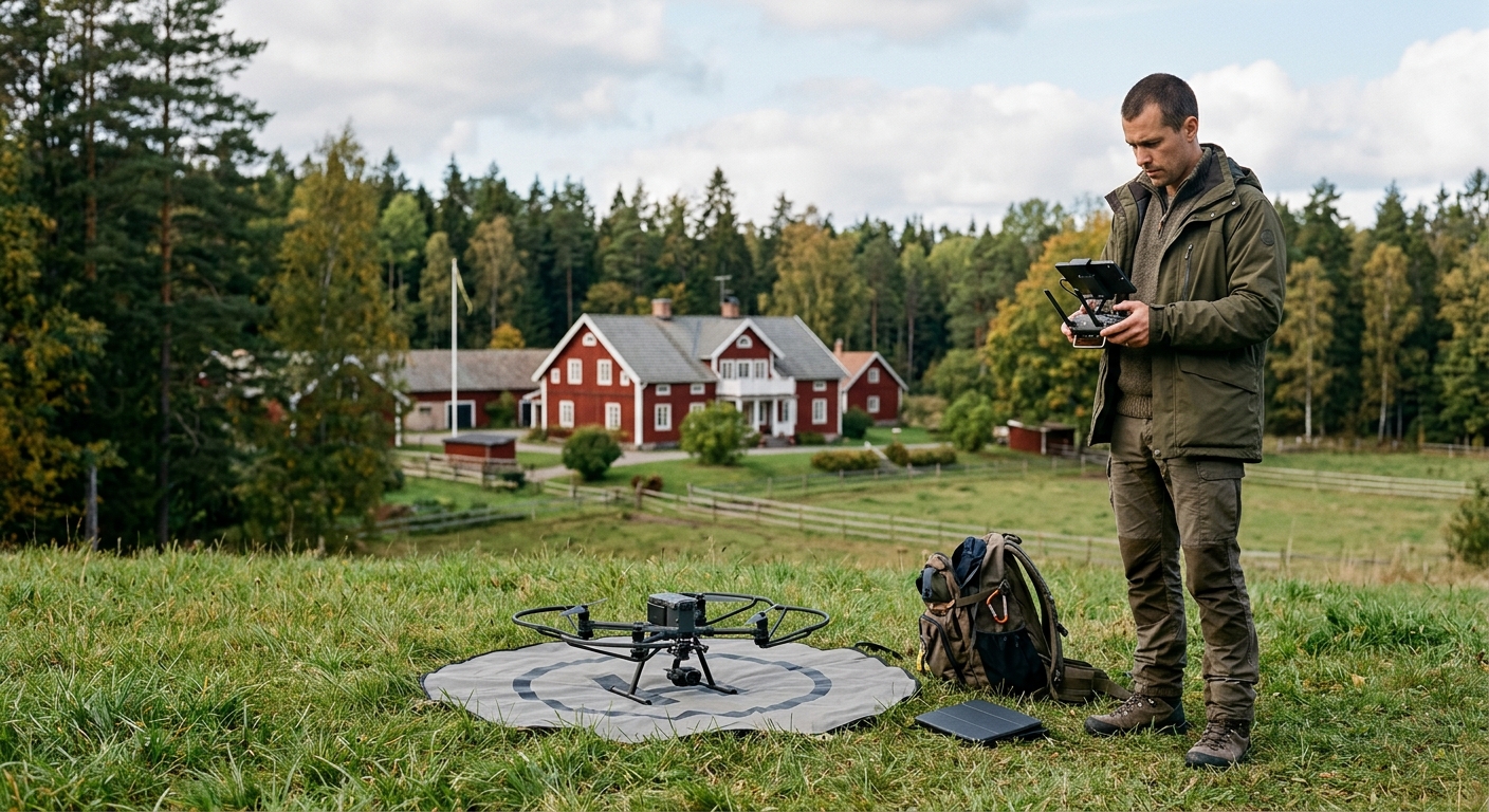 Drönaroperatör som planerar flygning utomhus med en fastighet i bakgrunden