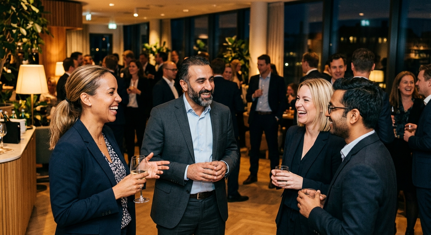 Mingelfotograf dokumenterar samtal mellan deltagare på ett företagsevent