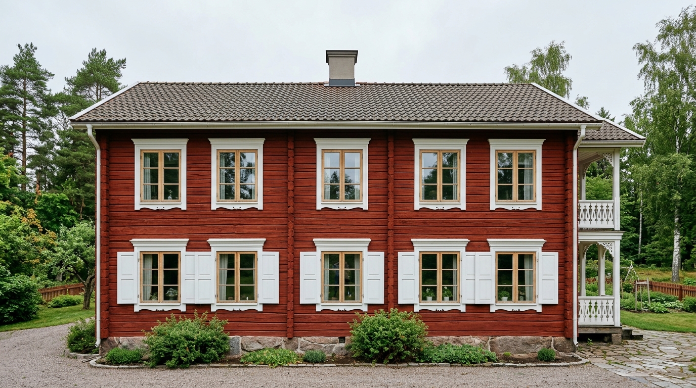 Renoverade spröjsade träfönster på en äldre svensk träfasad