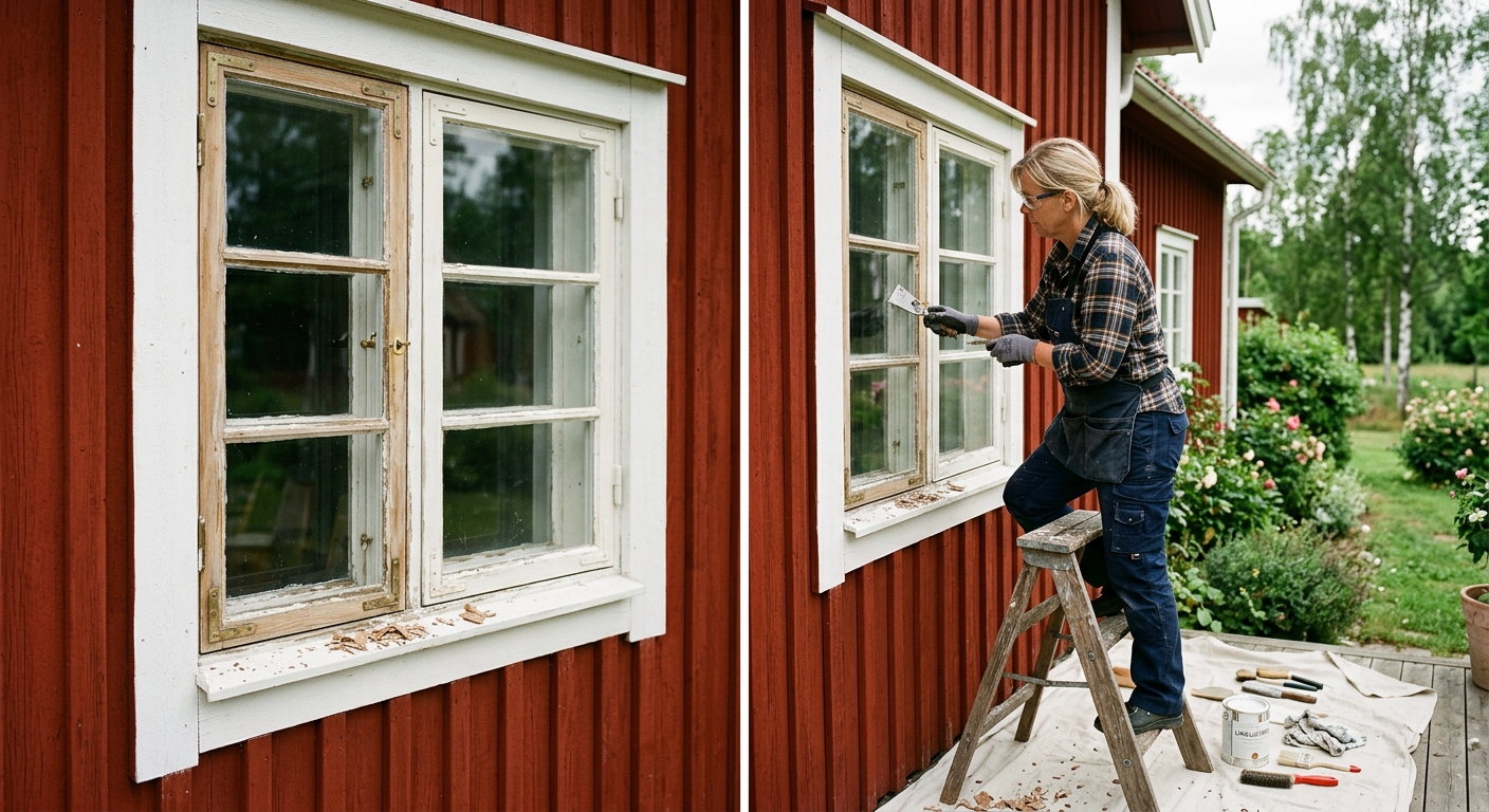 Träfönster som får lokal skrapning, nytt kitt och målning