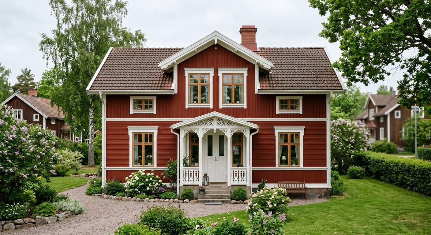 Äldre villa med välskötta målade träfönster i mjukt dagsljus