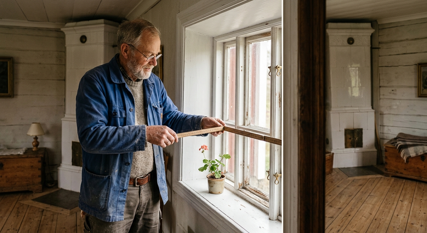 Måttagning av en vitmålad träfönsterkarm med tumstock i ett äldre svenskt hus