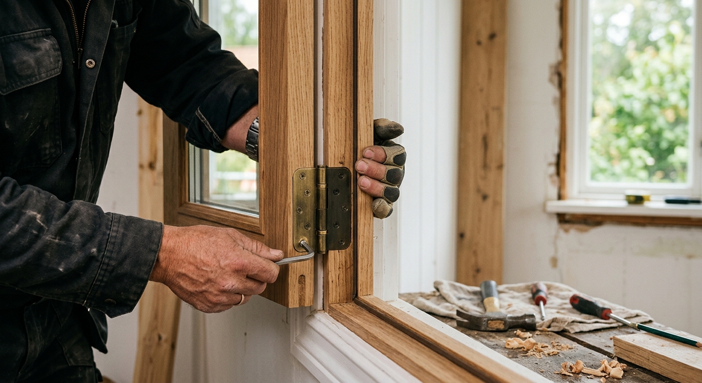 Fönstermontör justerar beslag på en nyinstallerad träfönsterbåge