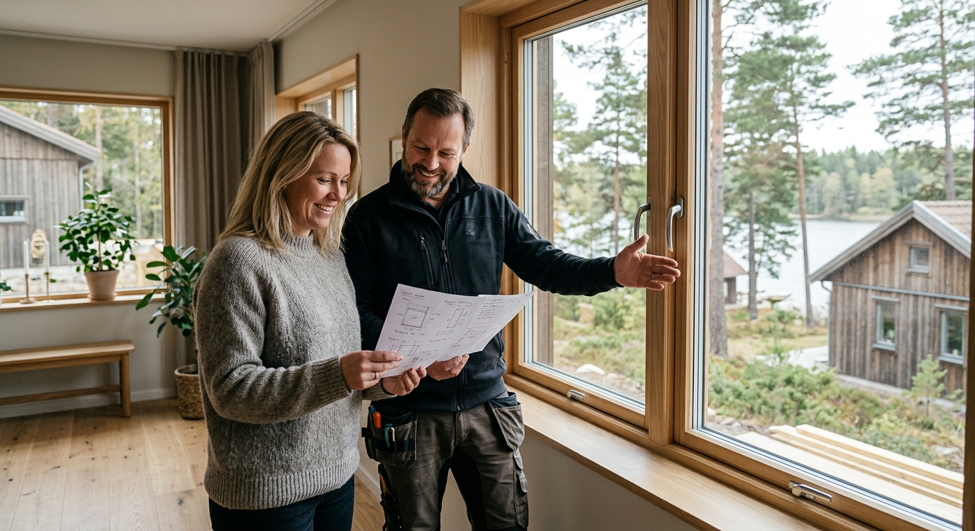 Husägare och fönstermontör går igenom en specificerad offert vid ett fönster
