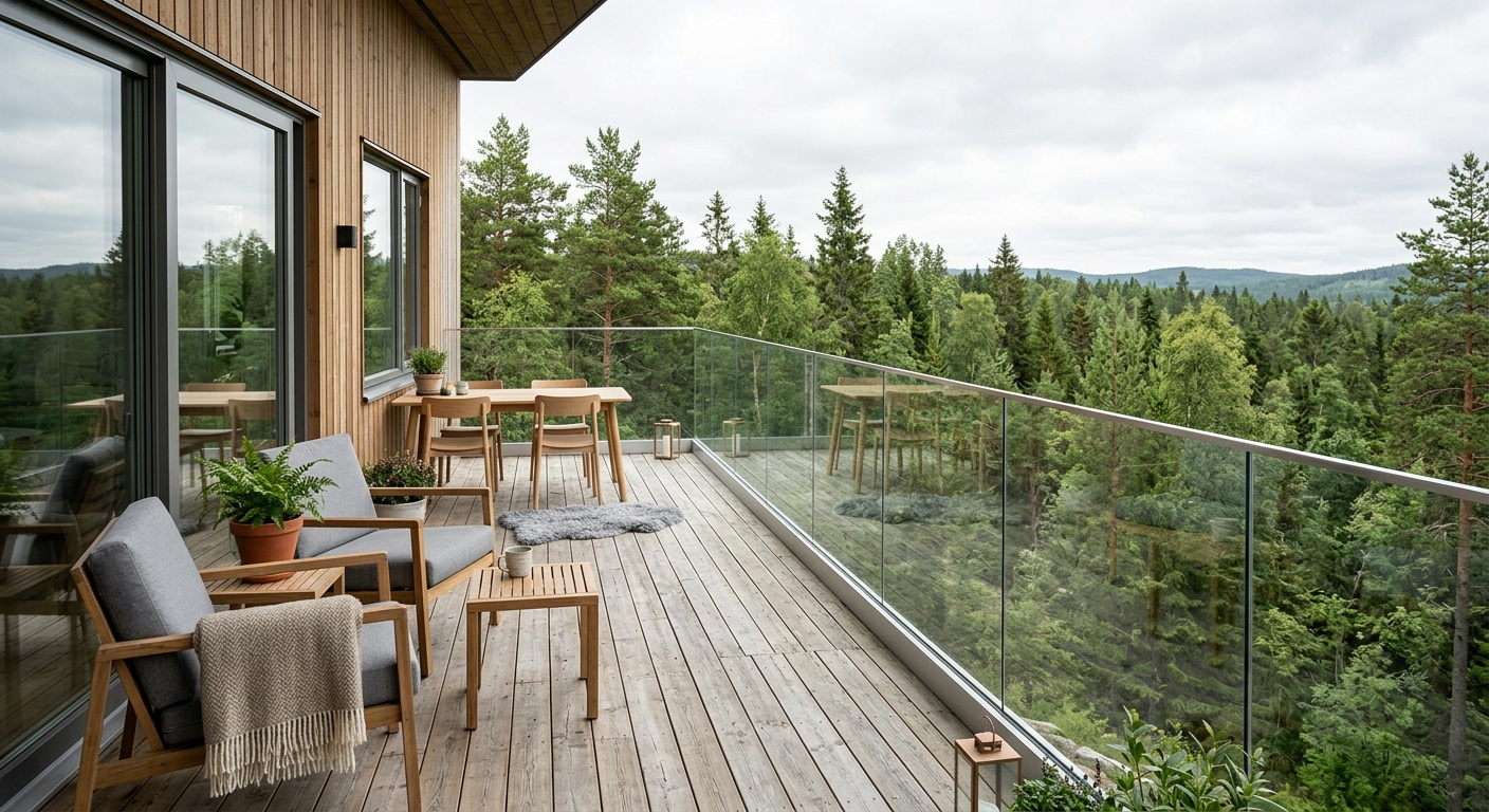Stolpfritt glasräcke längs modern träaltan