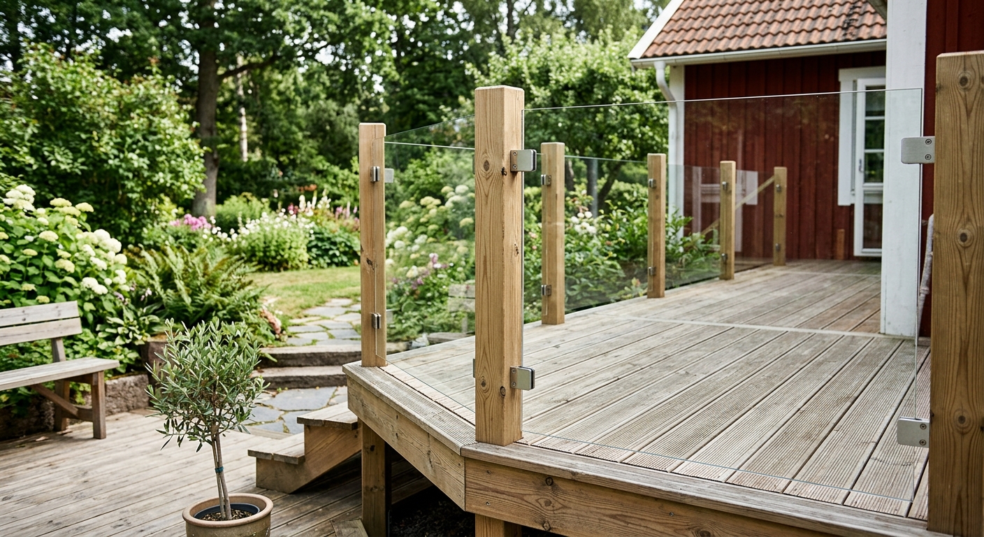 Glasräcke mellan trästolpar på altan