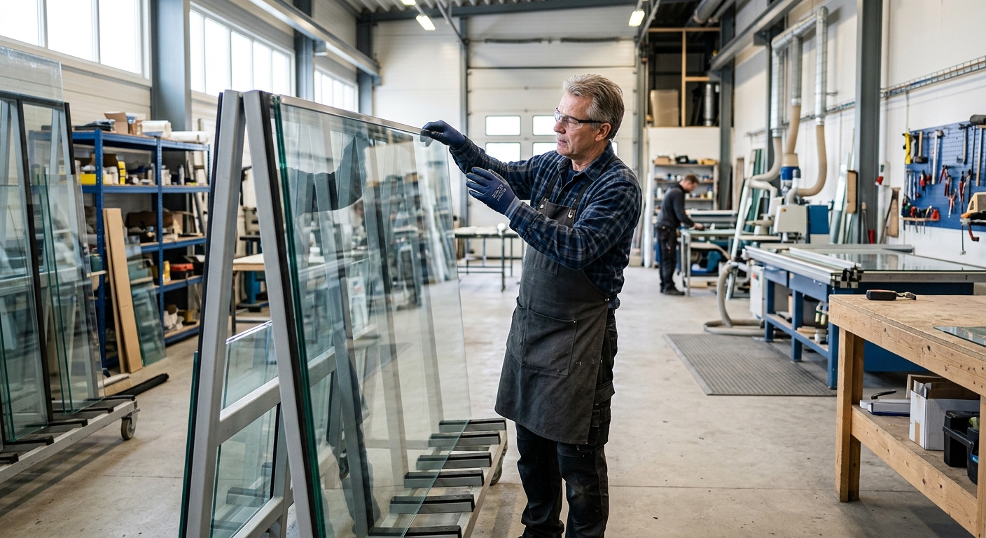 Glasmästare granskar glas till räcke i verkstad