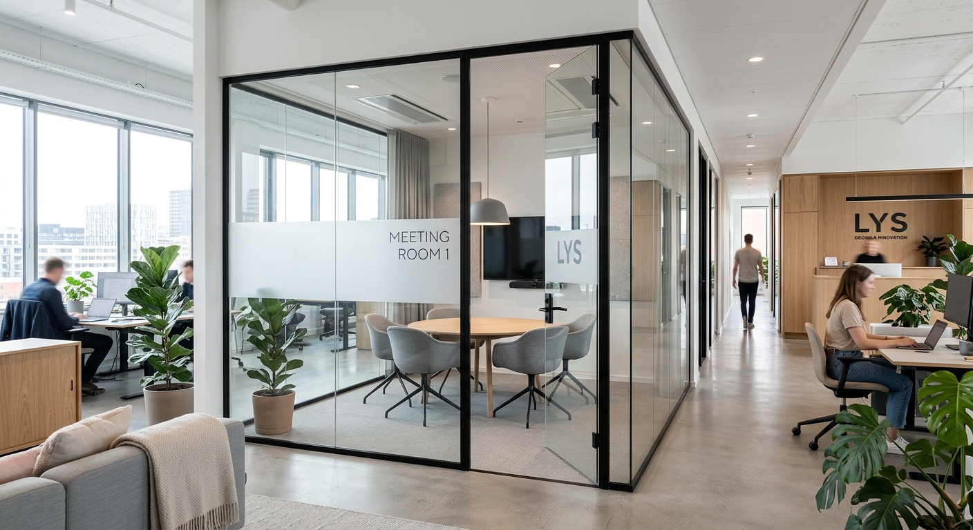 Glasparti med aluminiumprofiler och dörr