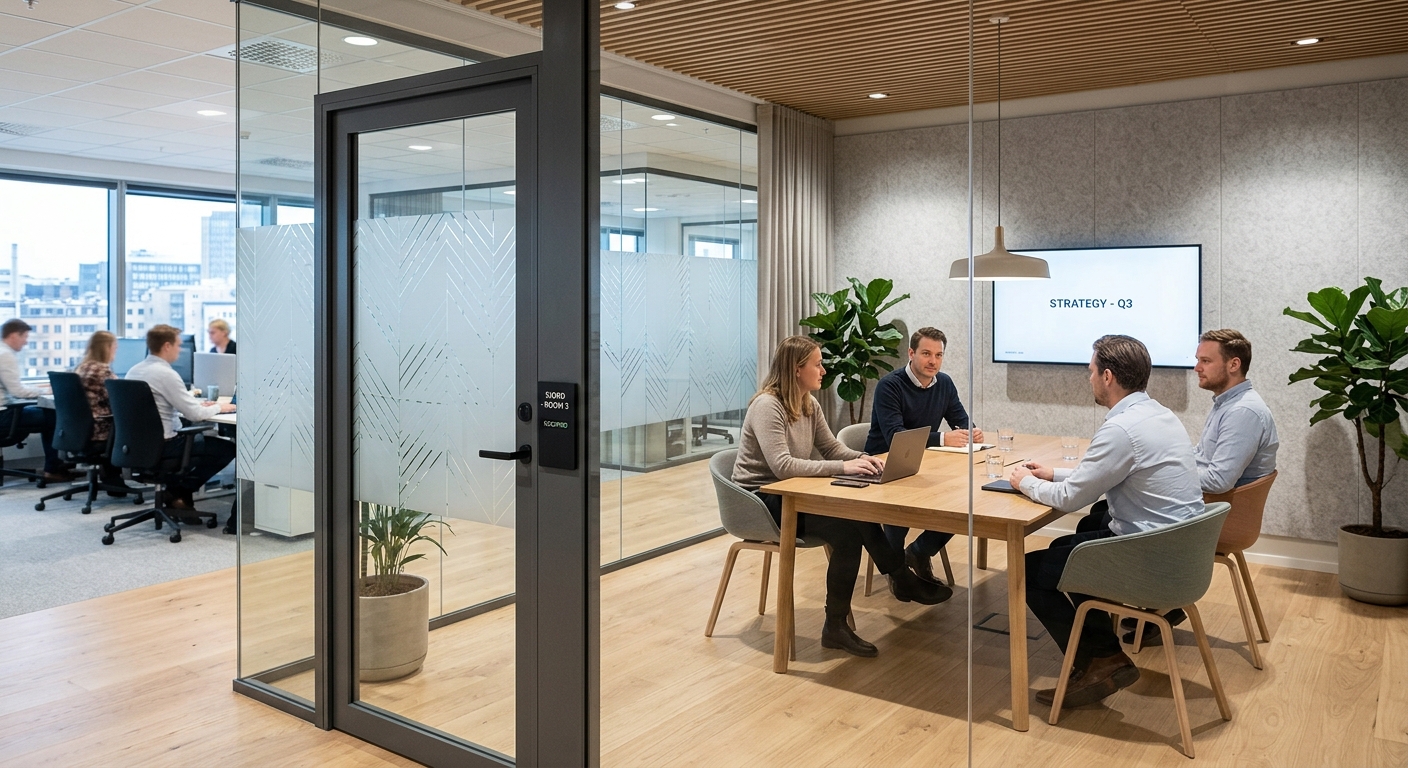 Glasvägg med tät dörr till avskilt konferensrum på kontor
