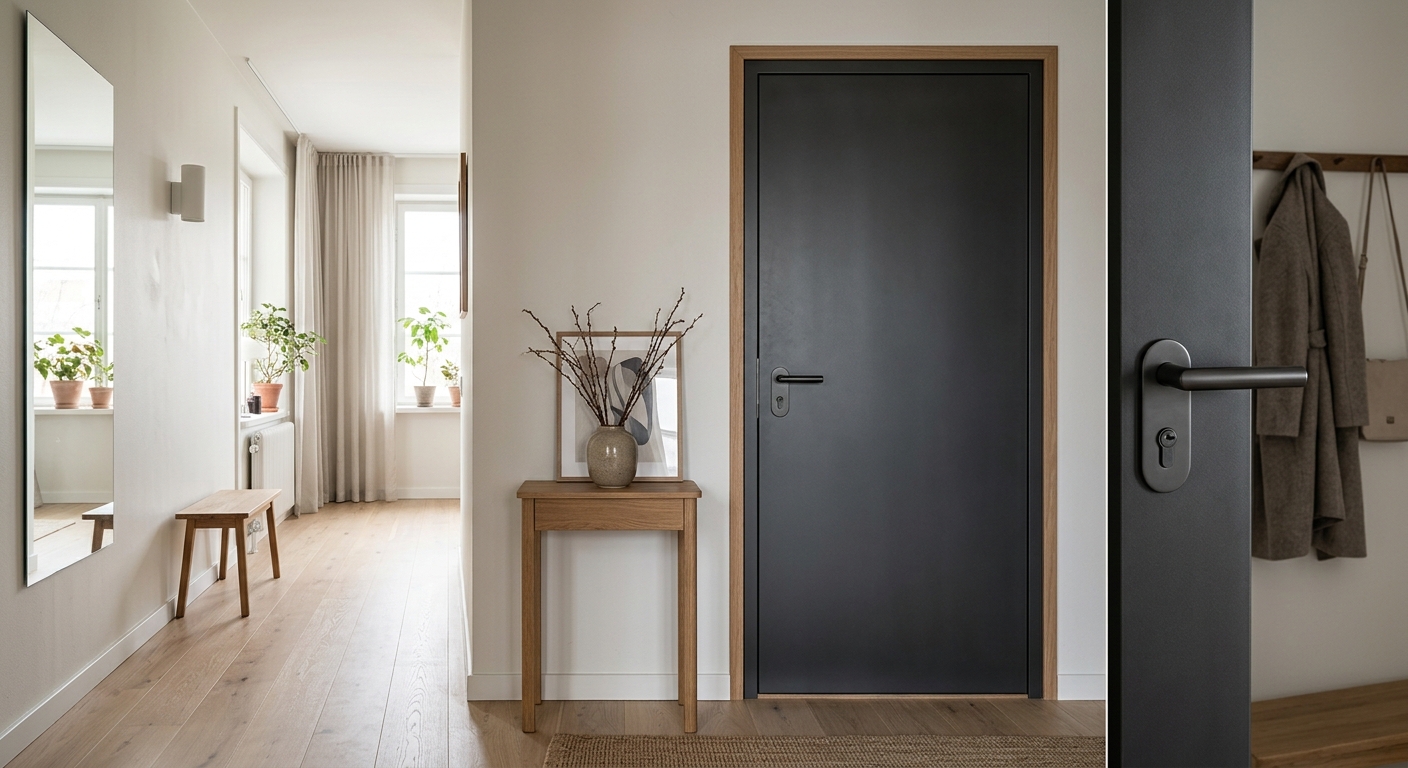 Slät säkerhetsdörr i modern lägenhetshall